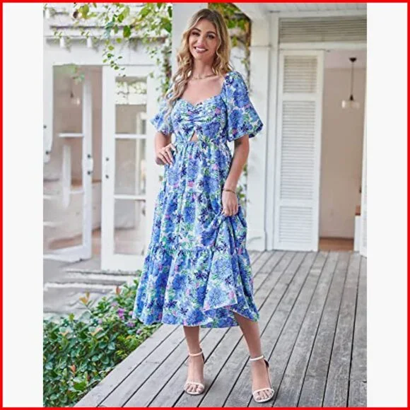 Women's Maxi Dress Boho Floral Smocked Back Short Sleeve Summer Casual - Picture 6 of 7